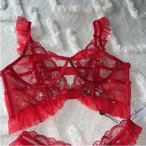 NWT
2 pc
For Love & Lemons Rouge Underwire bustier & panty set 
Sz L
Cherry red - Picture 10 of 15